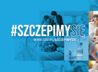 Napis szczepimy się oraz link do strony Ministerstwa Zdrowia
